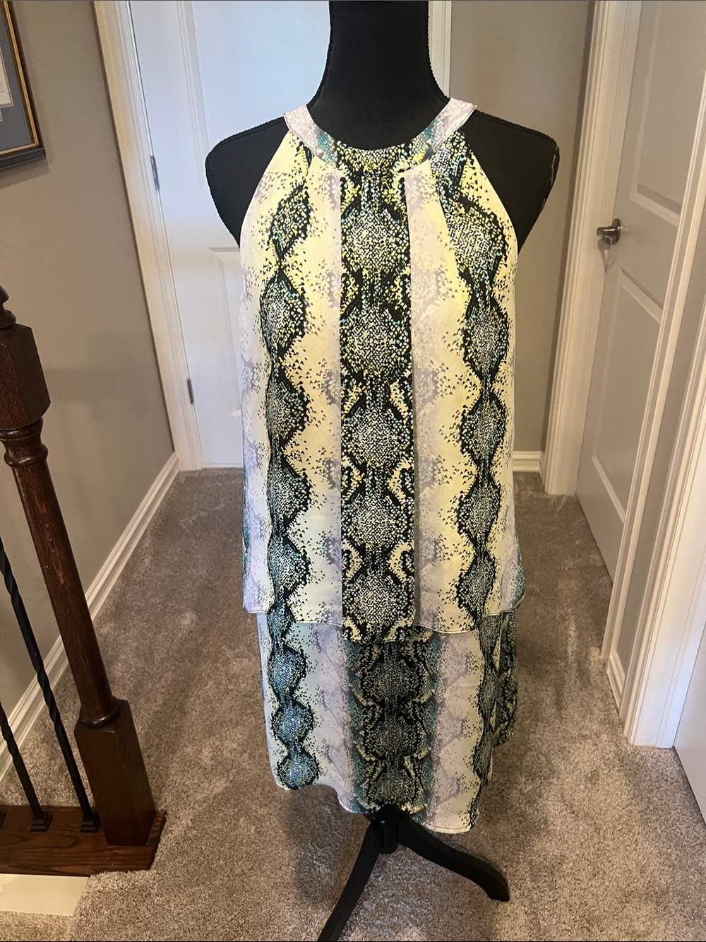 Worthington Yellow and Black Snake-Print Halter Midi Dress Size 12